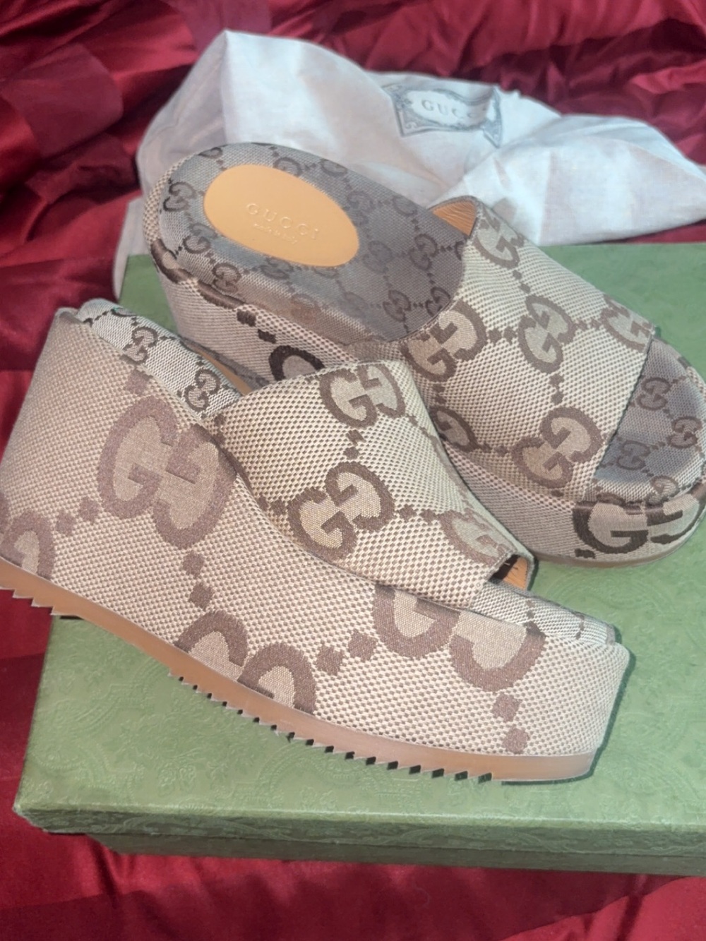 Gucci Beige/Tan GG Canvas Platform Slide Sandals